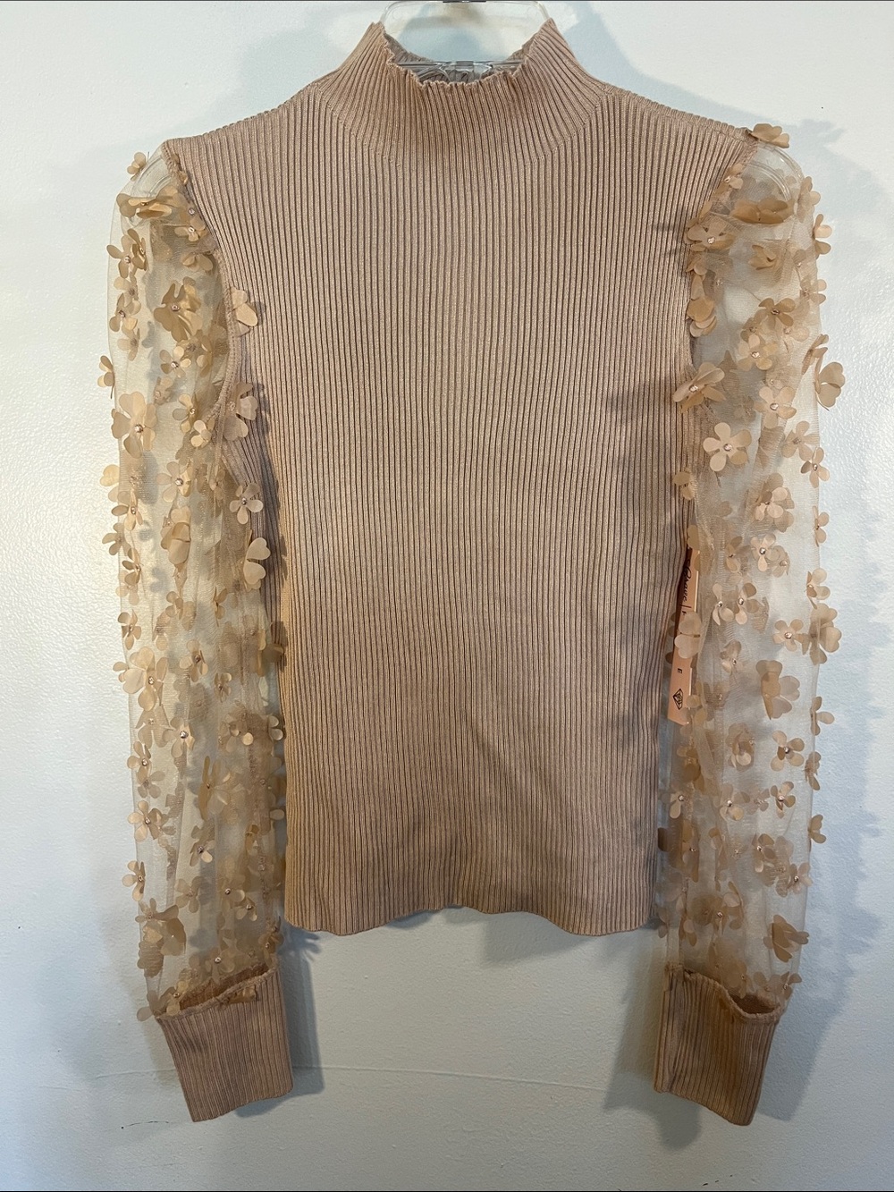 Floral-Appliqué Ribbed Mock Neck Long-Sleeve Top - Beige